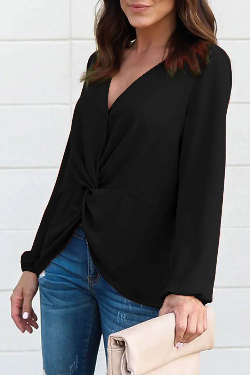 New Black Long Sleeve Twist Front Slit Blouse