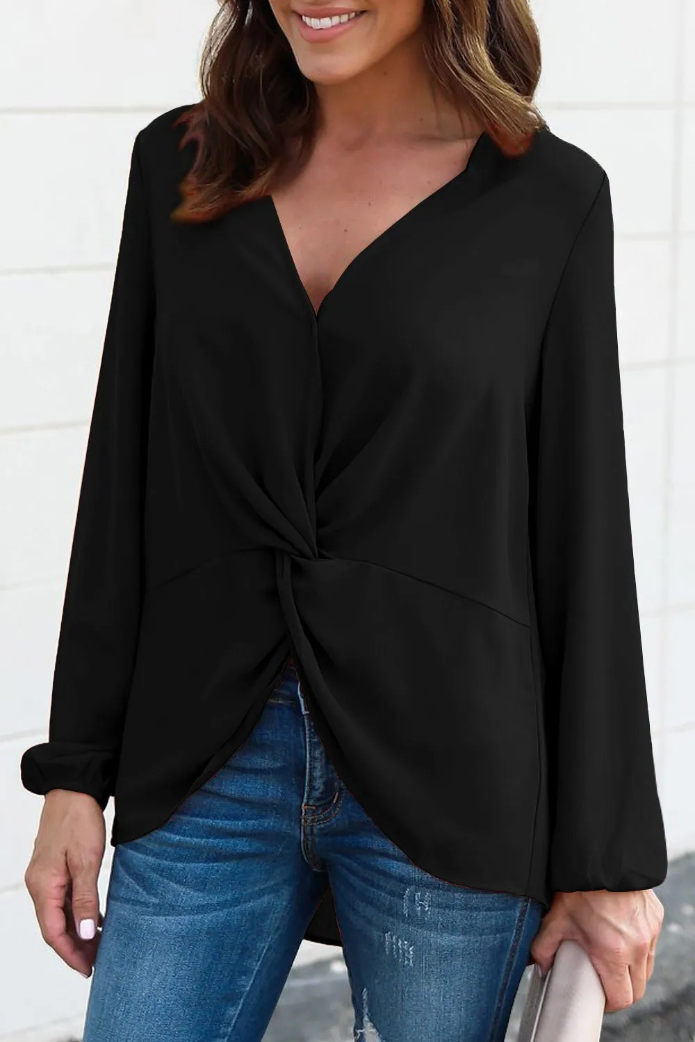 New Black Long Sleeve Twist Front Slit Blouse