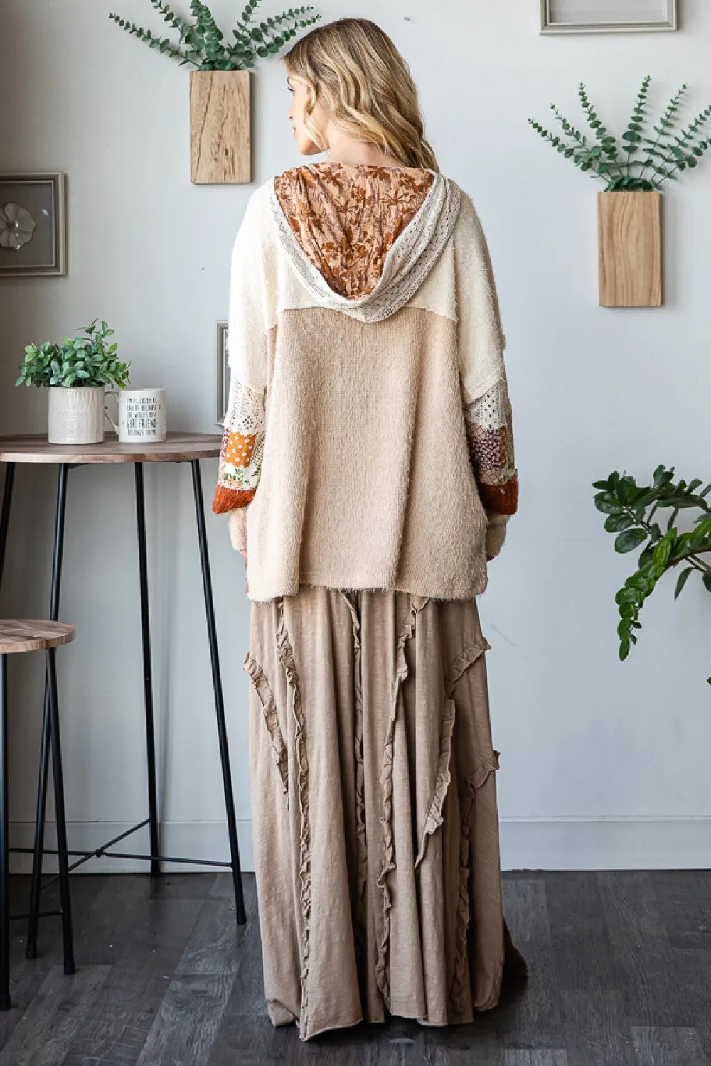 Oli & Hali Patchwork Fabric Hooded Top in Taupe Combo