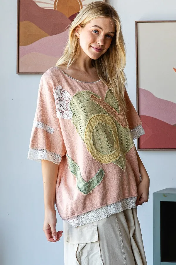 Oli & Hali "LOVE" Patchwork Lettering Top in Pink