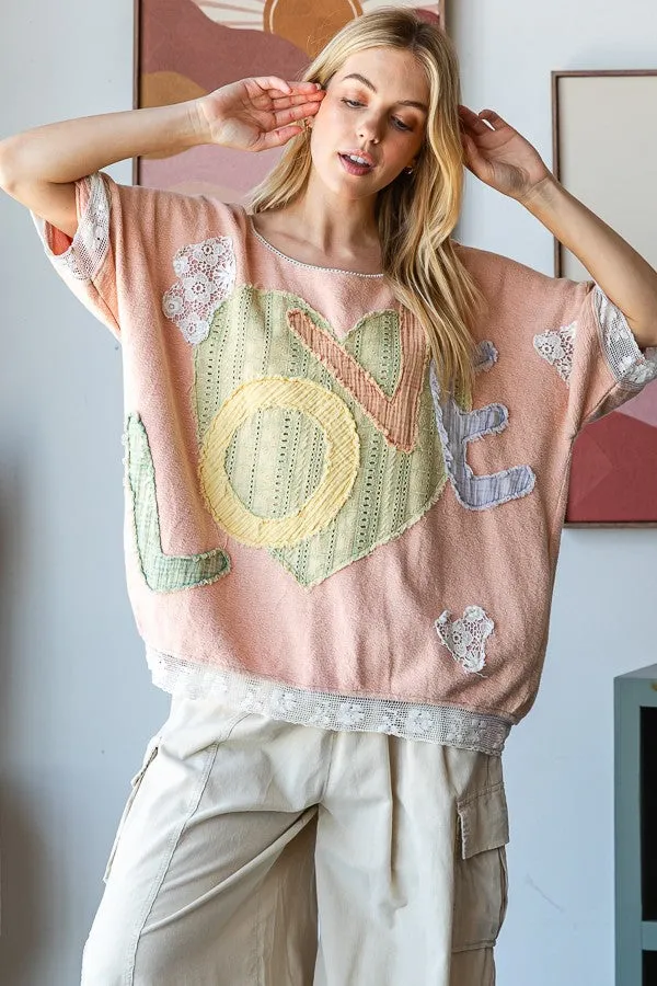 Oli & Hali "LOVE" Patchwork Lettering Top in Pink