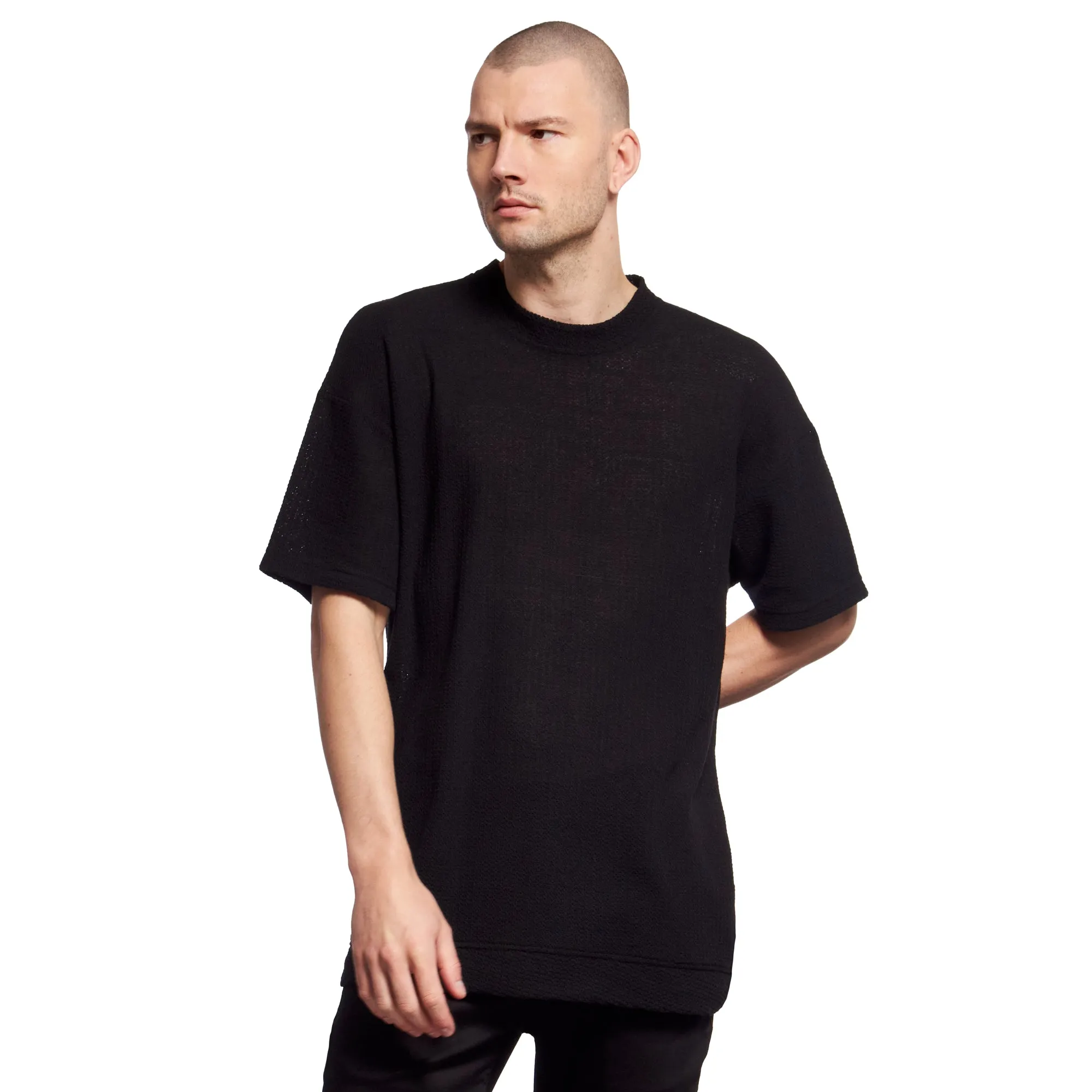 Oversized Crochet Crew Neck T-Shirt - Black