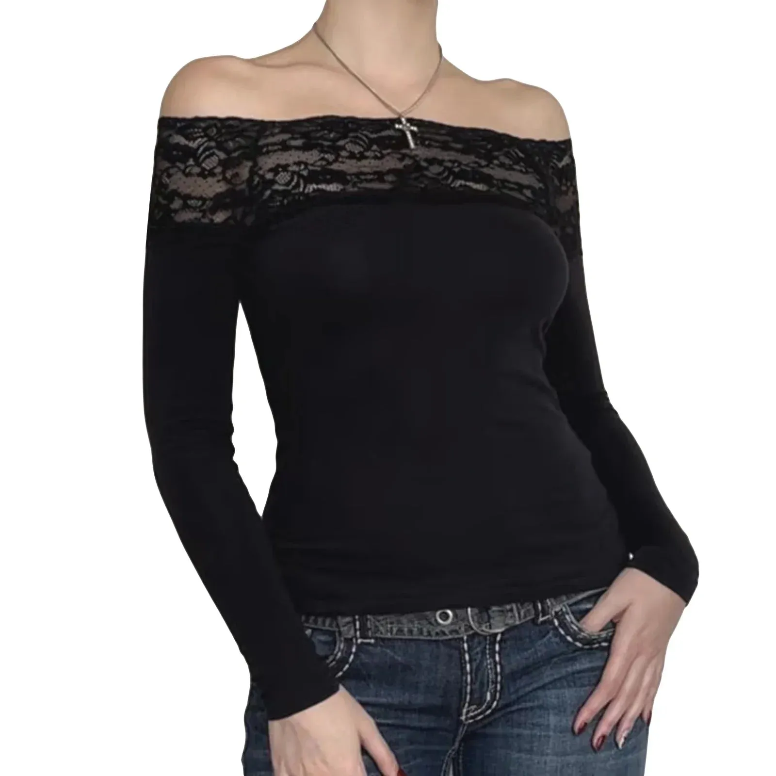 Patchwork Off Shoulder Long Sleeve Solid Color Slim Fit Spring Summer Lace T-shirt