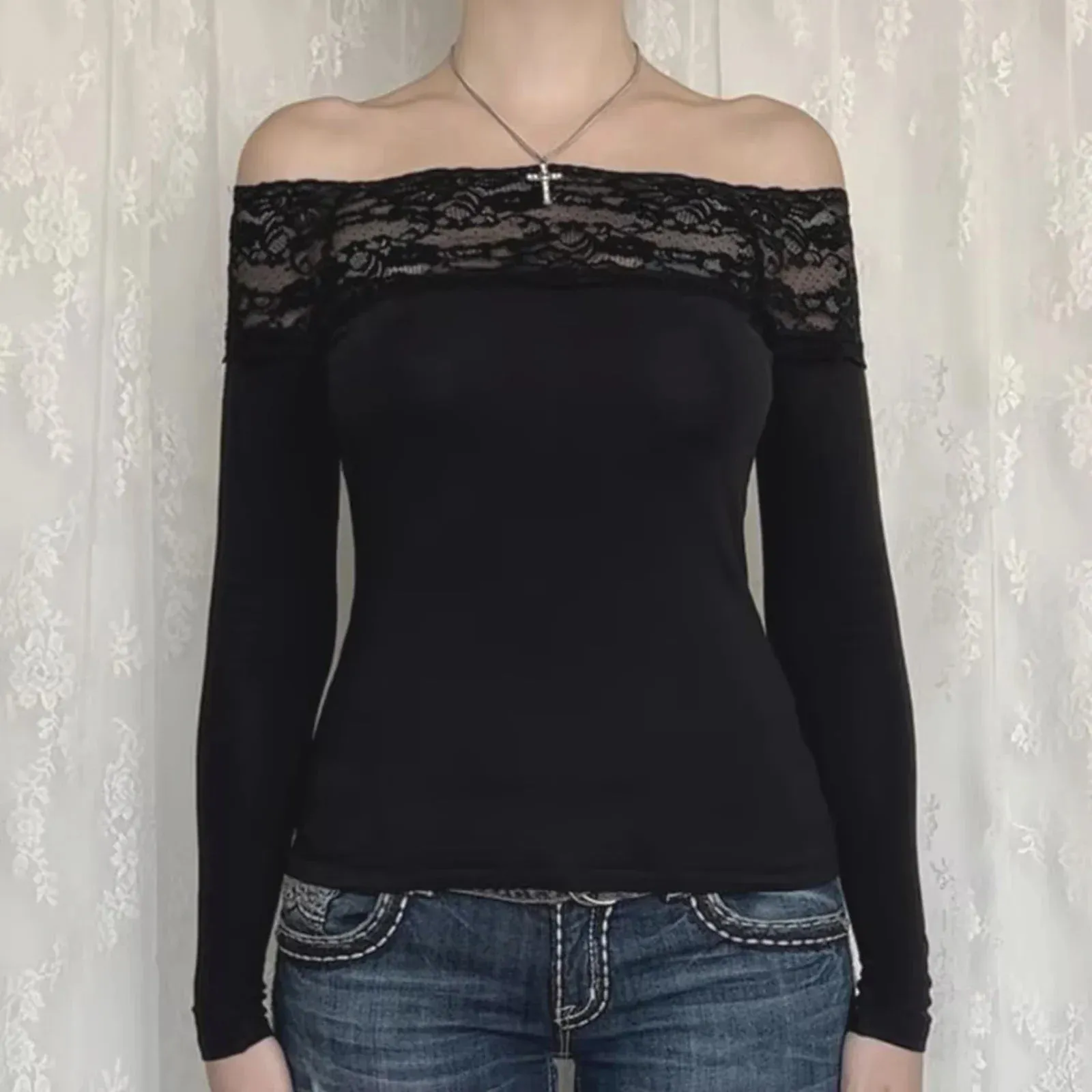 Patchwork Off Shoulder Long Sleeve Solid Color Slim Fit Spring Summer Lace T-shirt