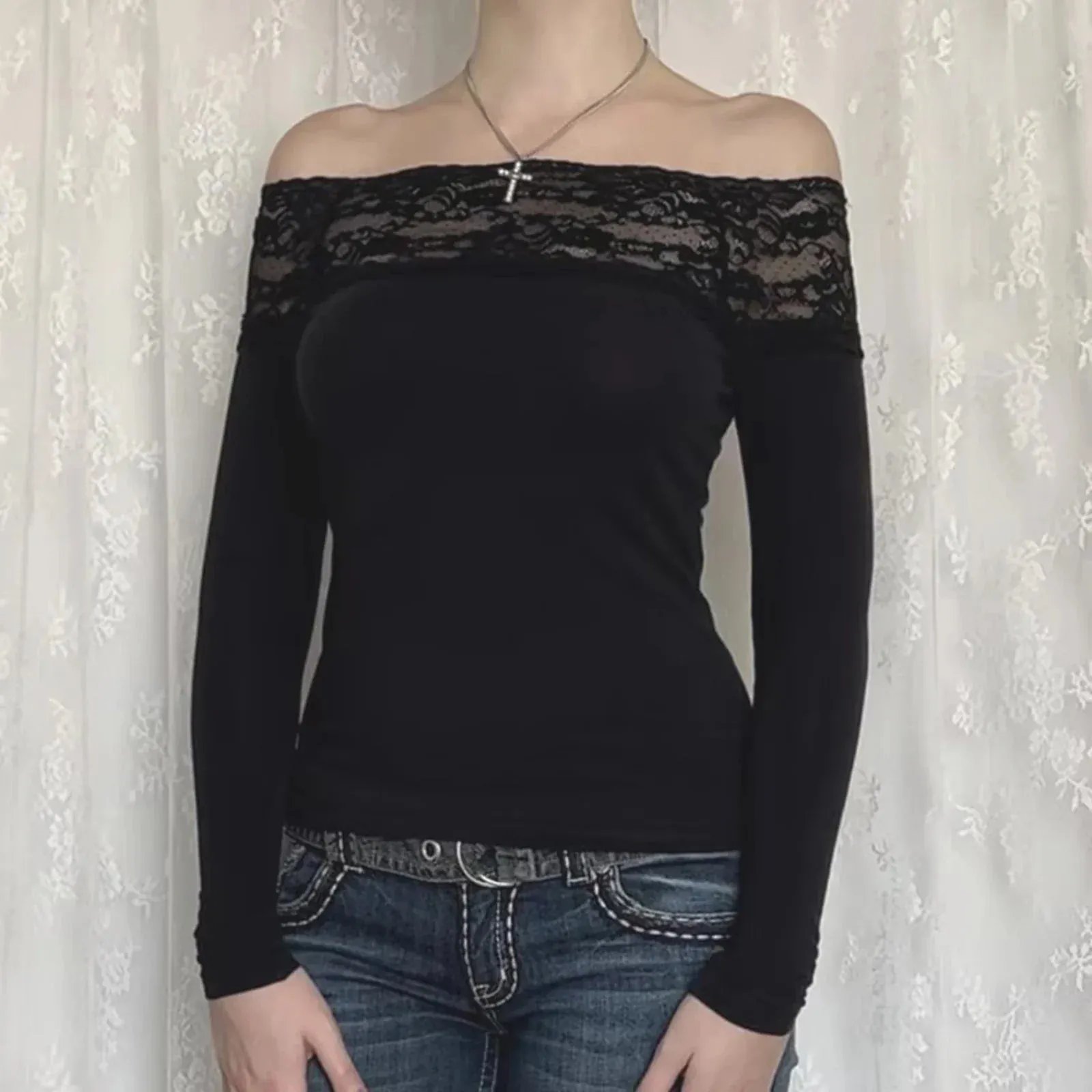 Patchwork Off Shoulder Long Sleeve Solid Color Slim Fit Spring Summer Lace T-shirt