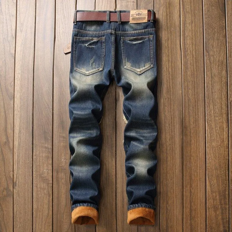 Ripped Fleece Winter Jeans For Men