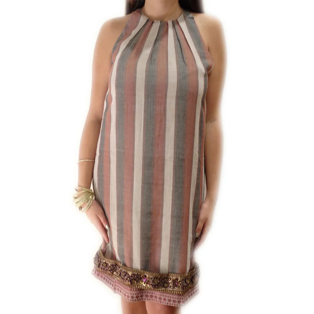 Sand Stone Stripe Pleated Neck Sleeveless Dress