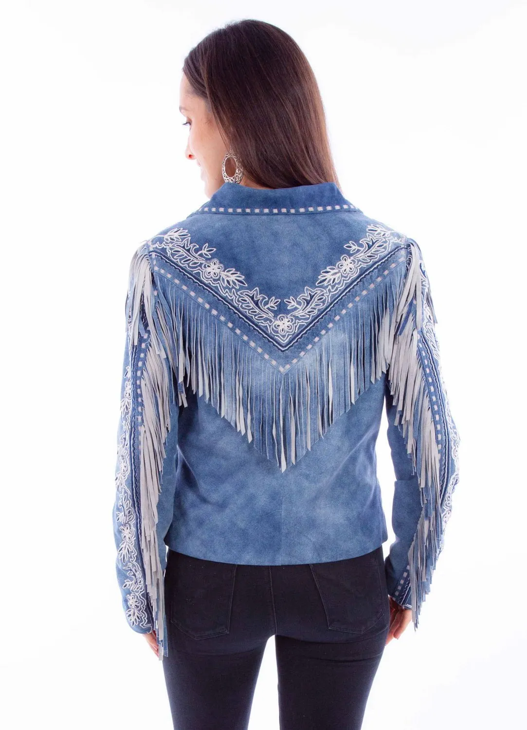 Scully Womens Fringe Zip Front Blue Leather Leather Jacket