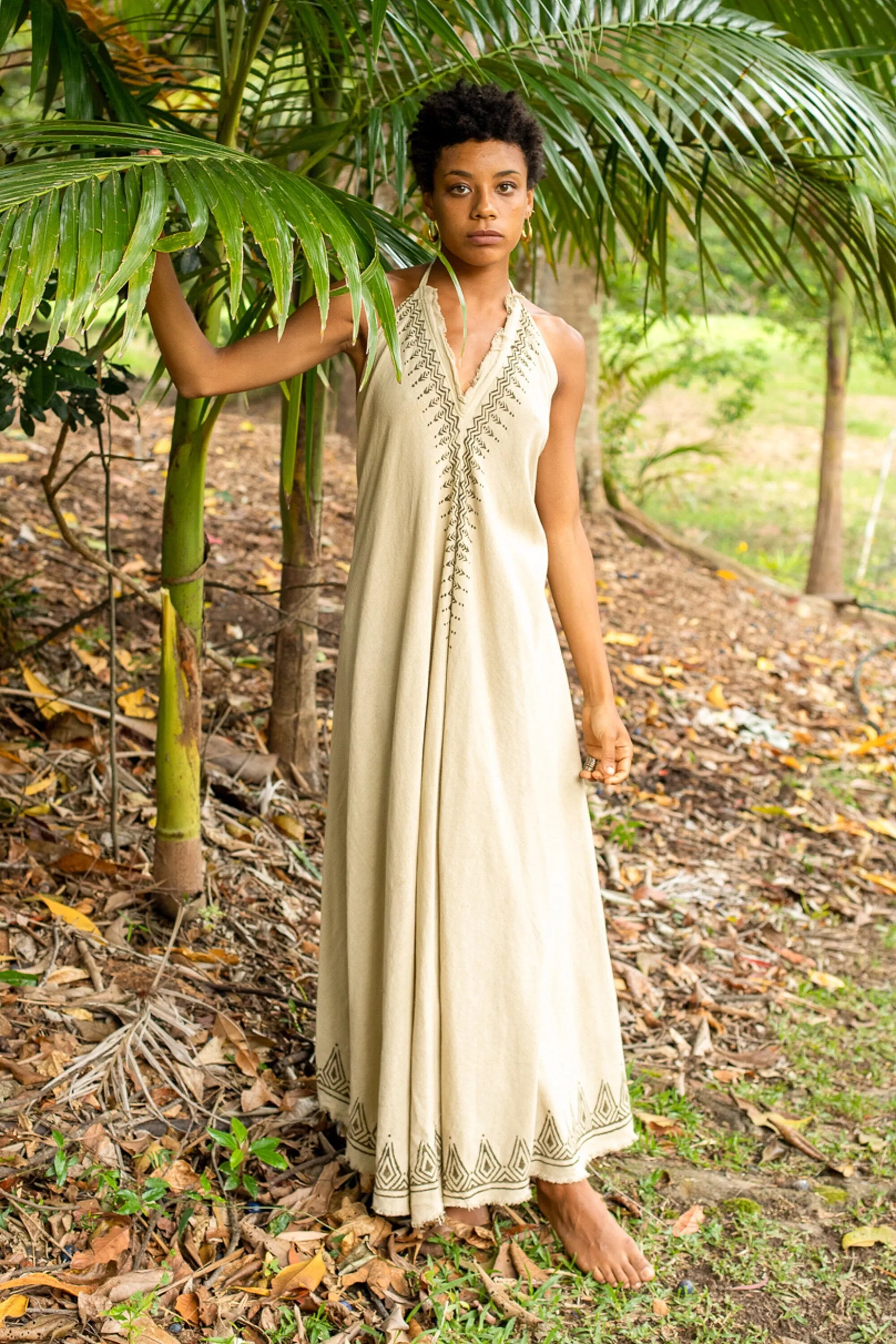 SELENA Long Dress Goddess Beige Maxi Open Back Cotton Festival Boho Naturally Dyed Block Printed Tribal Hippie Patterns Earthy AJJAYA