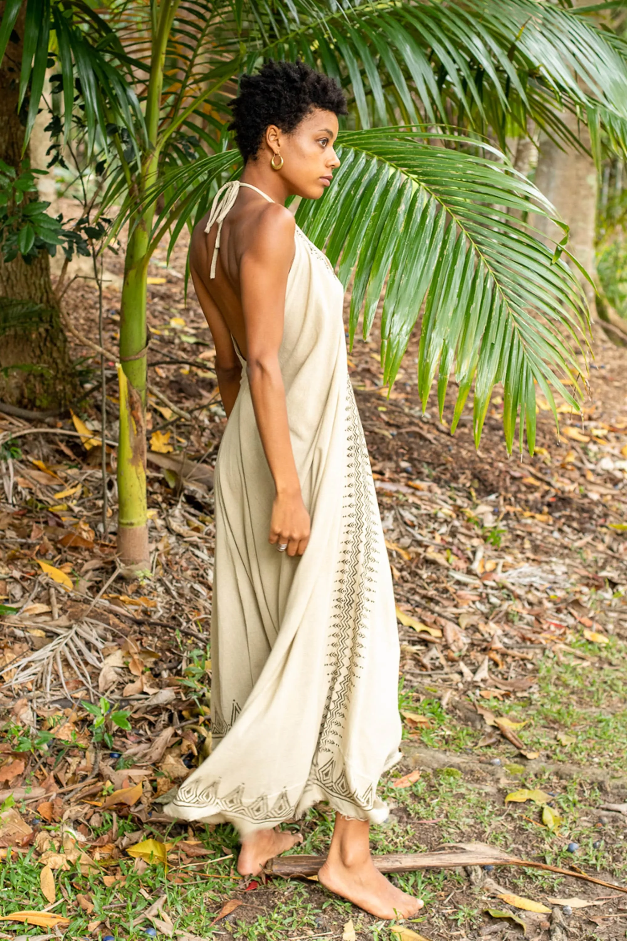 SELENA Long Dress Goddess Beige Maxi Open Back Cotton Festival Boho Naturally Dyed Block Printed Tribal Hippie Patterns Earthy AJJAYA