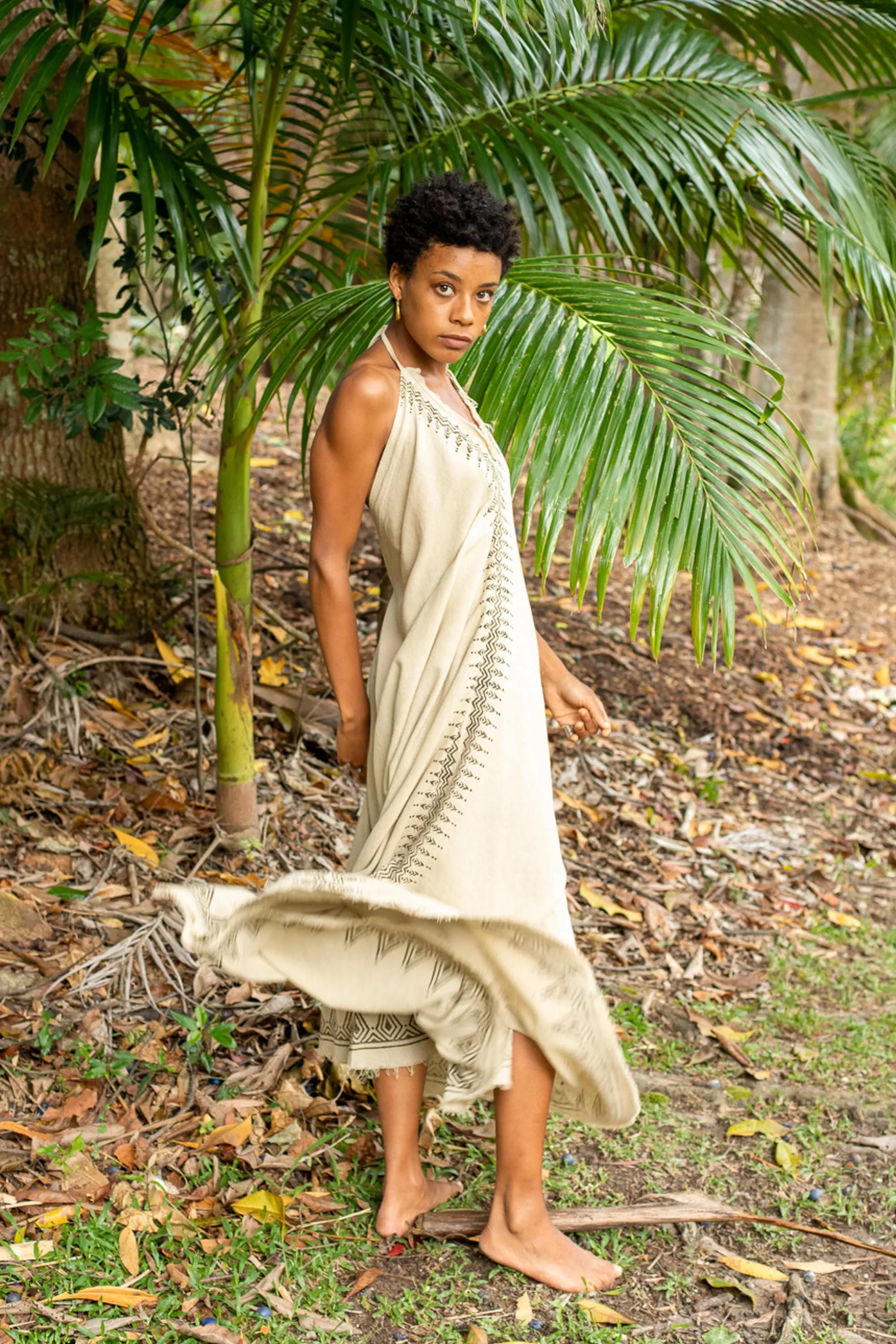 SELENA Long Dress Goddess Beige Maxi Open Back Cotton Festival Boho Naturally Dyed Block Printed Tribal Hippie Patterns Earthy AJJAYA