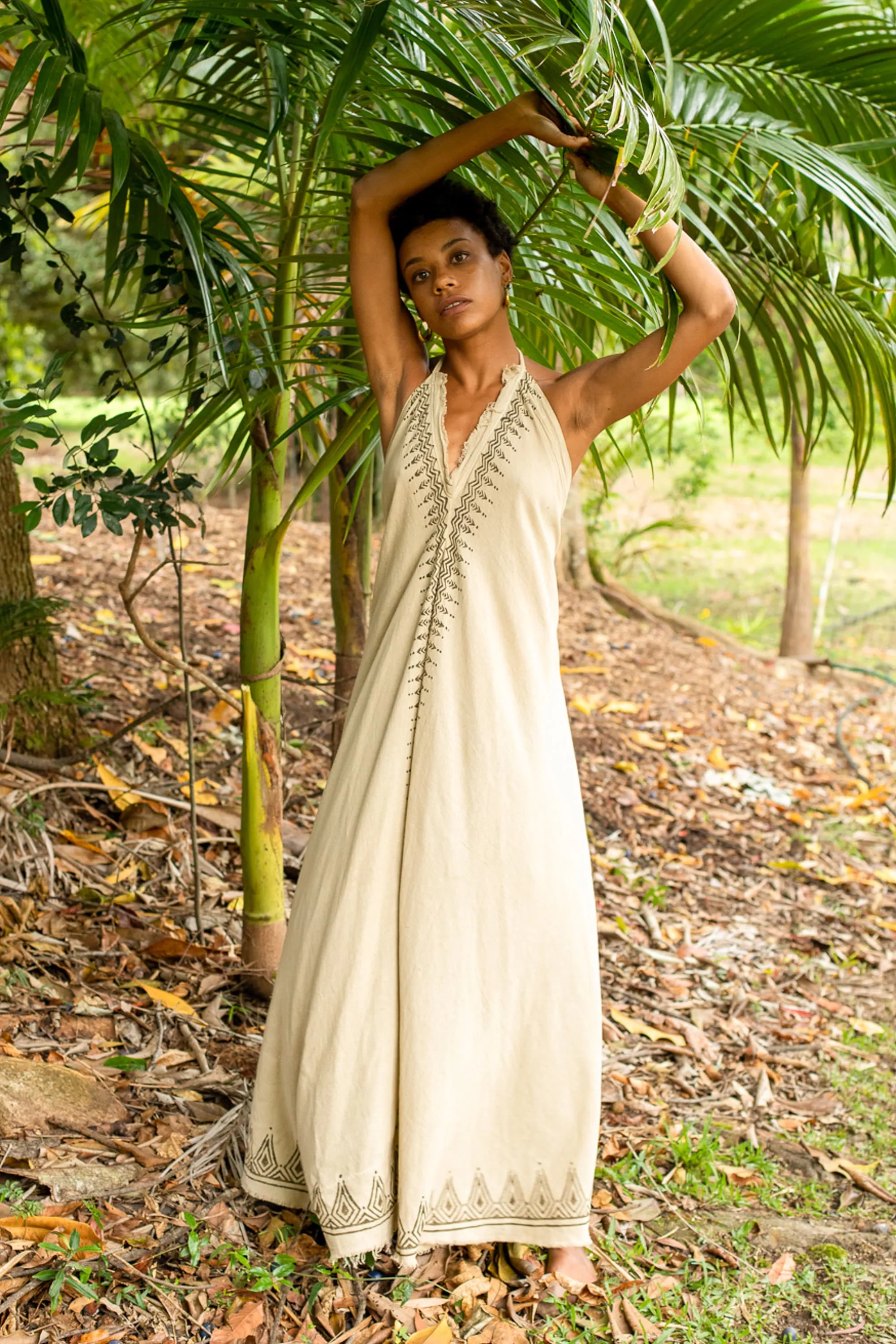 SELENA Long Dress Goddess Beige Maxi Open Back Cotton Festival Boho Naturally Dyed Block Printed Tribal Hippie Patterns Earthy AJJAYA