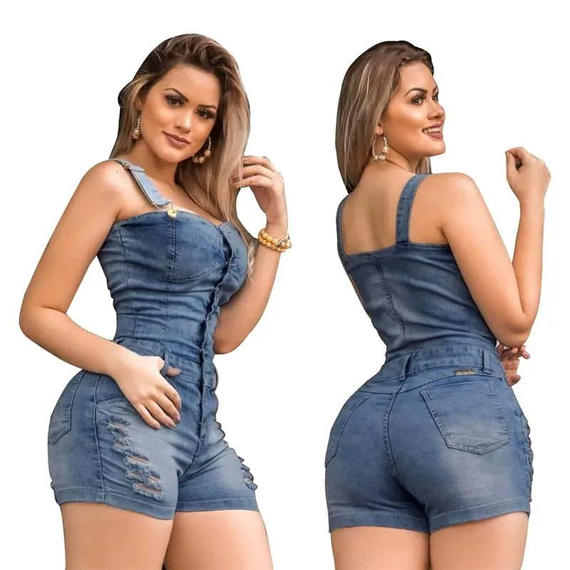 Shorts Style Slim Fit Sleeveless Denim Jumpsuit For Women Plus Size