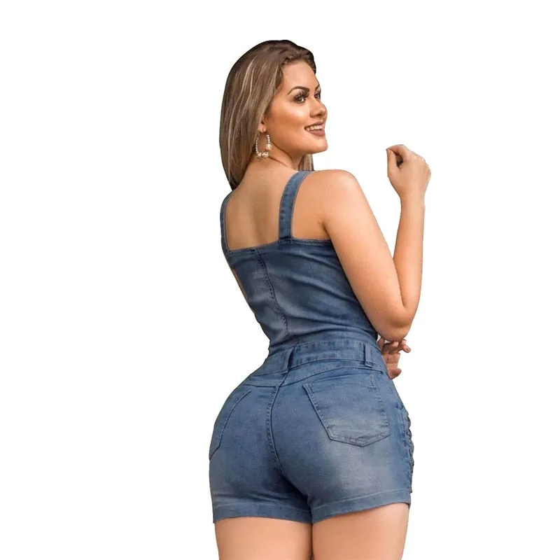 Shorts Style Slim Fit Sleeveless Denim Jumpsuit For Women Plus Size