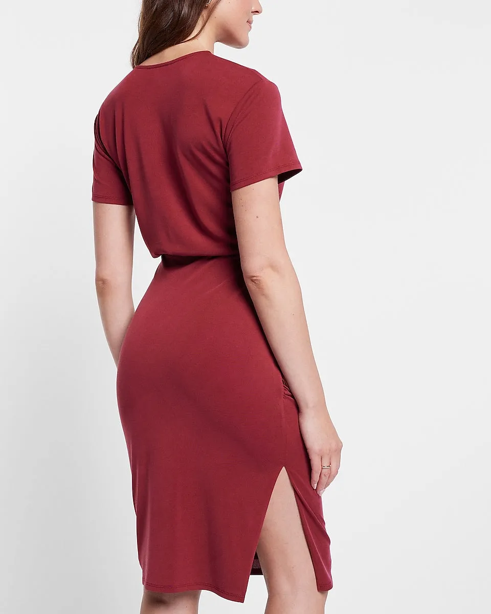 Silky Sueded Jersey Ruched T-Shirt Midi Dress in Dark Red