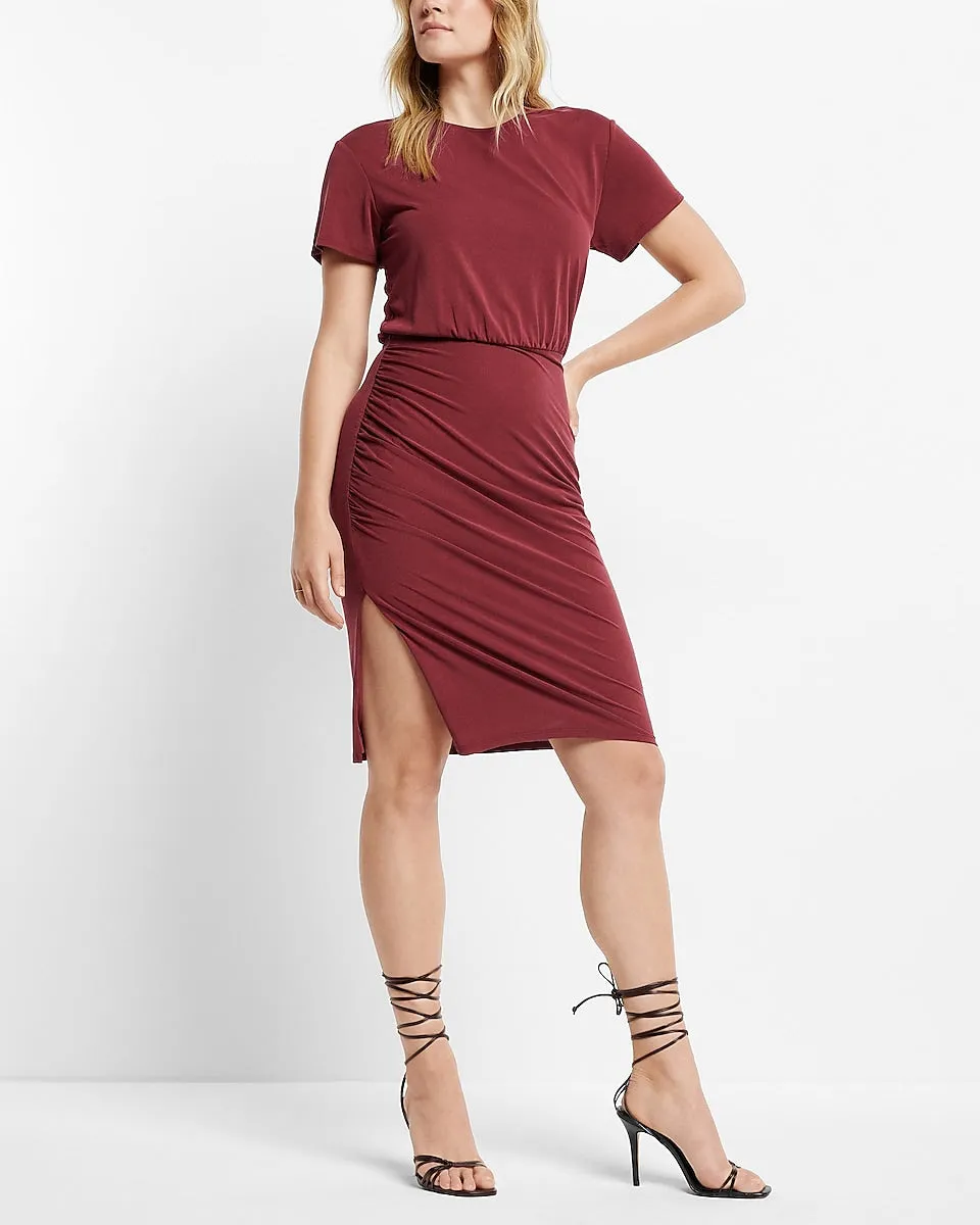 Silky Sueded Jersey Ruched T-Shirt Midi Dress in Dark Red