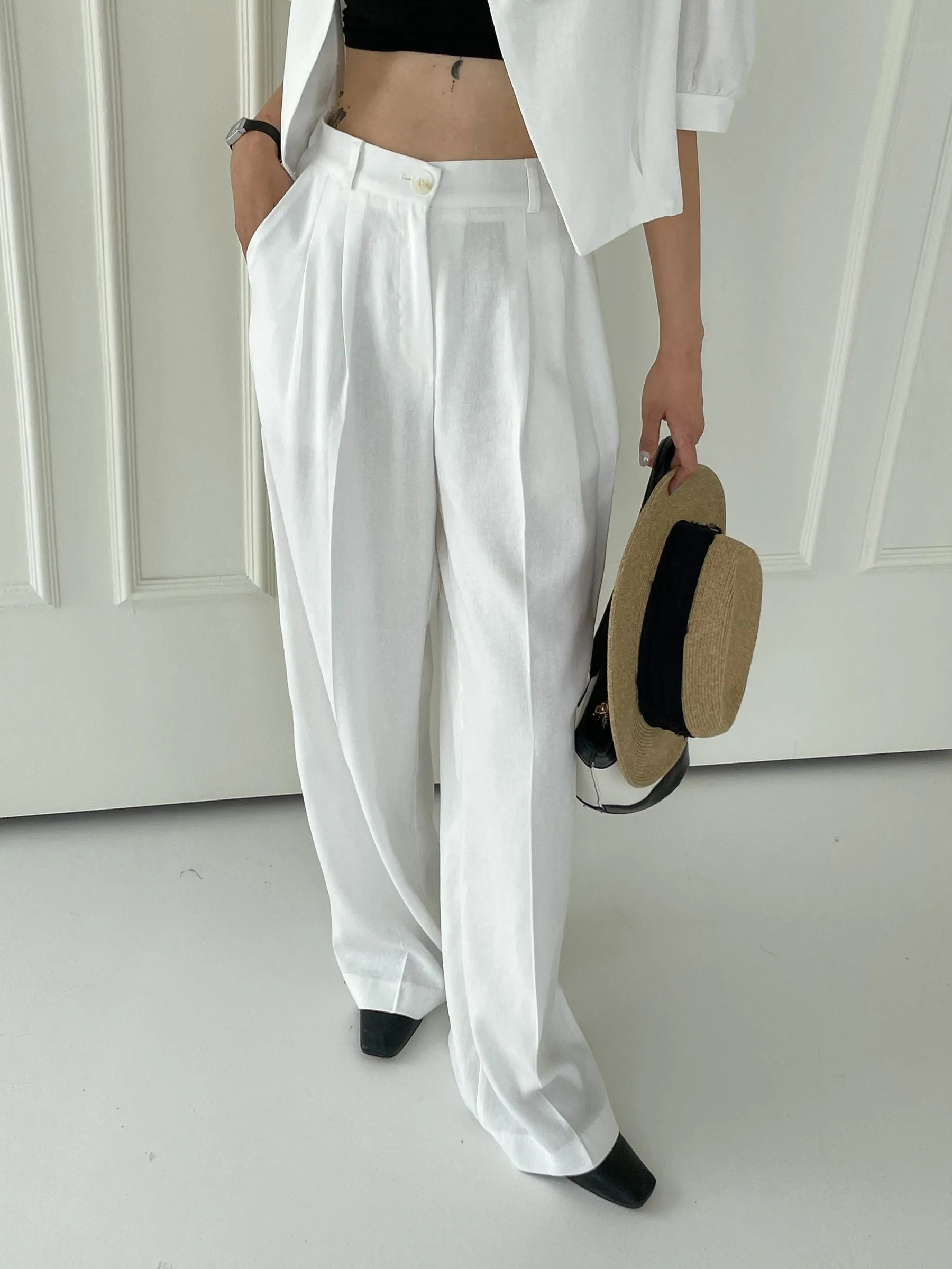 Summer Wave Pintuck Linen Wide Slacks