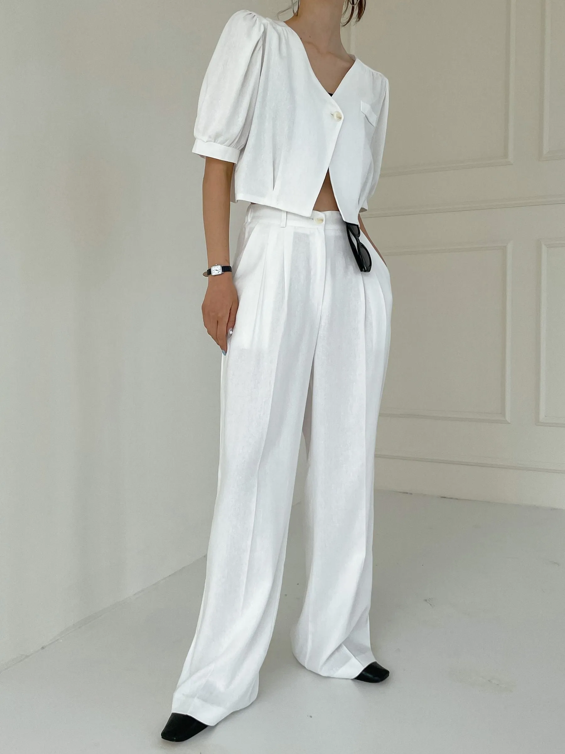 Summer Wave Pintuck Linen Wide Slacks