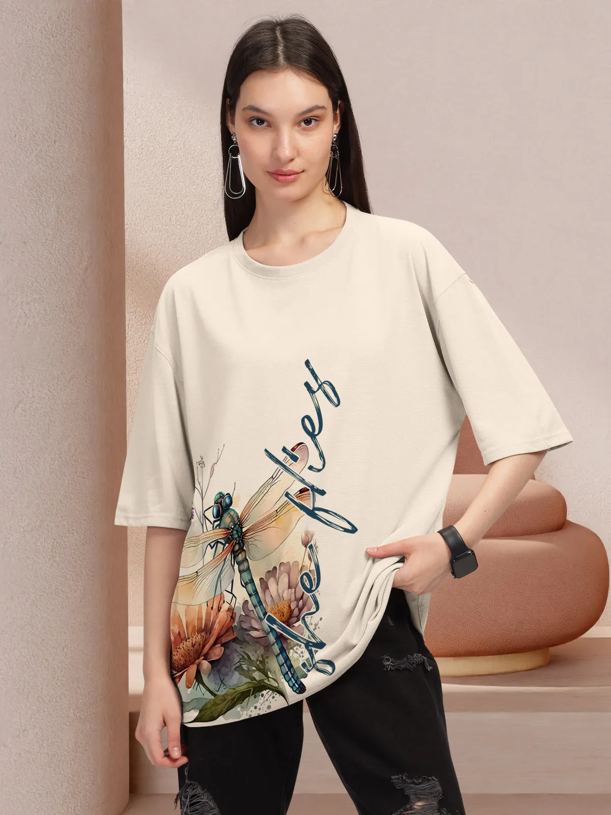 Trendy Beige Printed Oversized T-shirt for Women