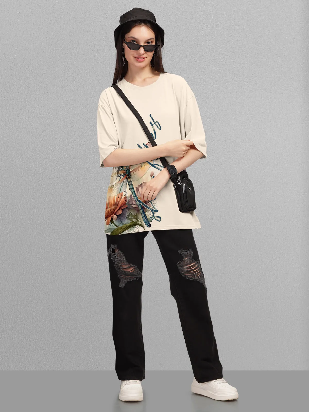 Trendy Beige Printed Oversized T-shirt for Women