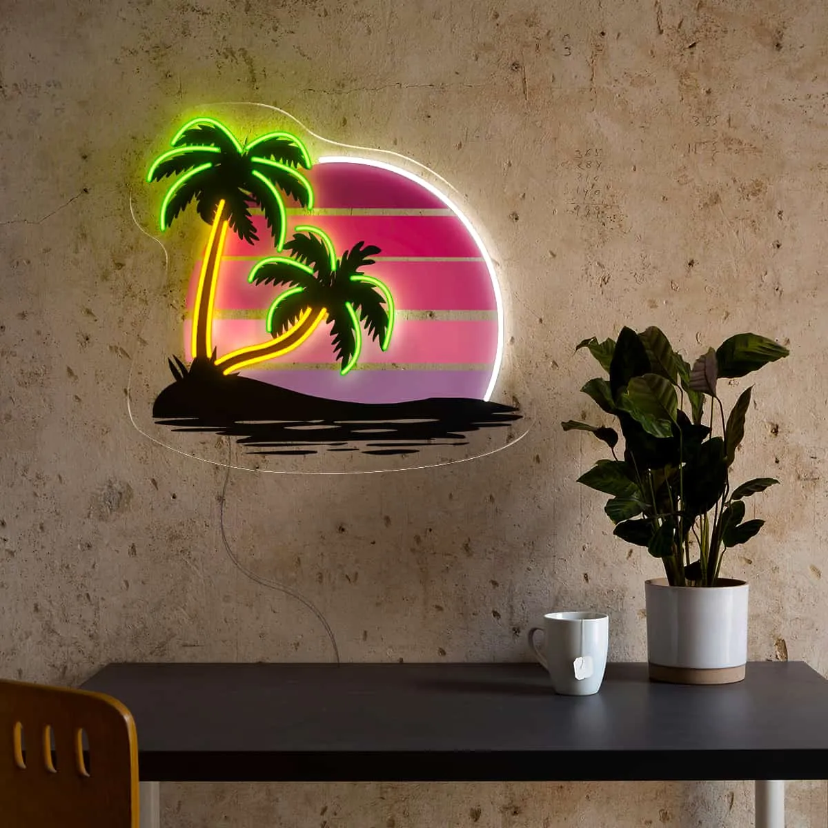 Tropical Sunset Neon Sign, Palm Trees and Glowing Sun, Perfect for Living Rooms, Beach Houses, Bars, and Patios