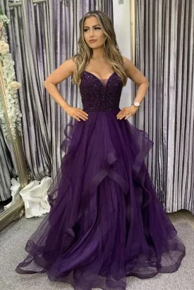 V Neck Purple Beaded Long Prom Dress, Fluffy Purple Formal Evening Dress with Beadings