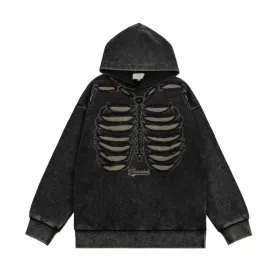 VANCARHELL Skeleton Ribcage Acid Wash Hoodie