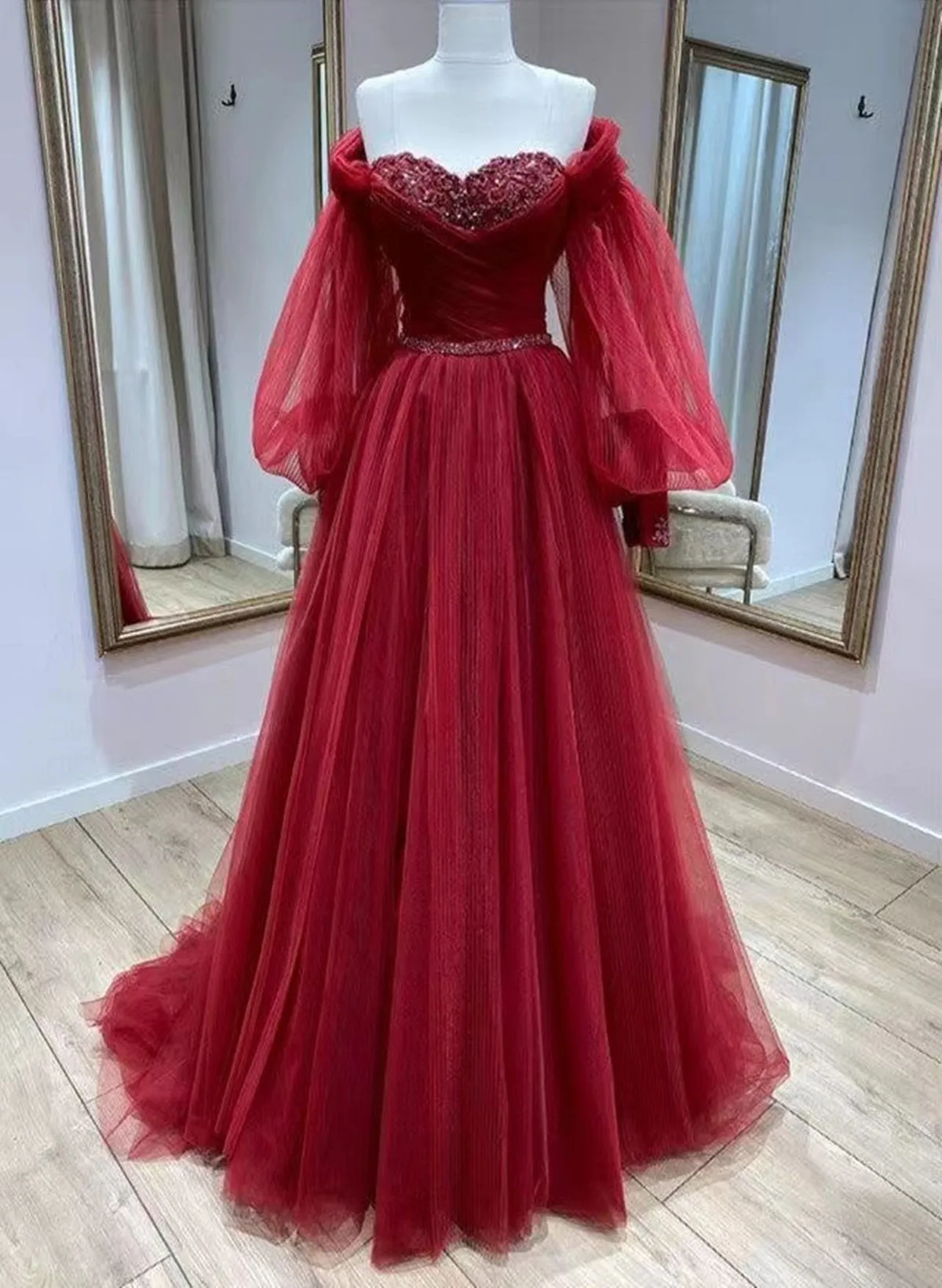 Wine Red Tulle Beaded Puffy Sleeves Long Prom Dress, Wine Red Tulle Evening Dress