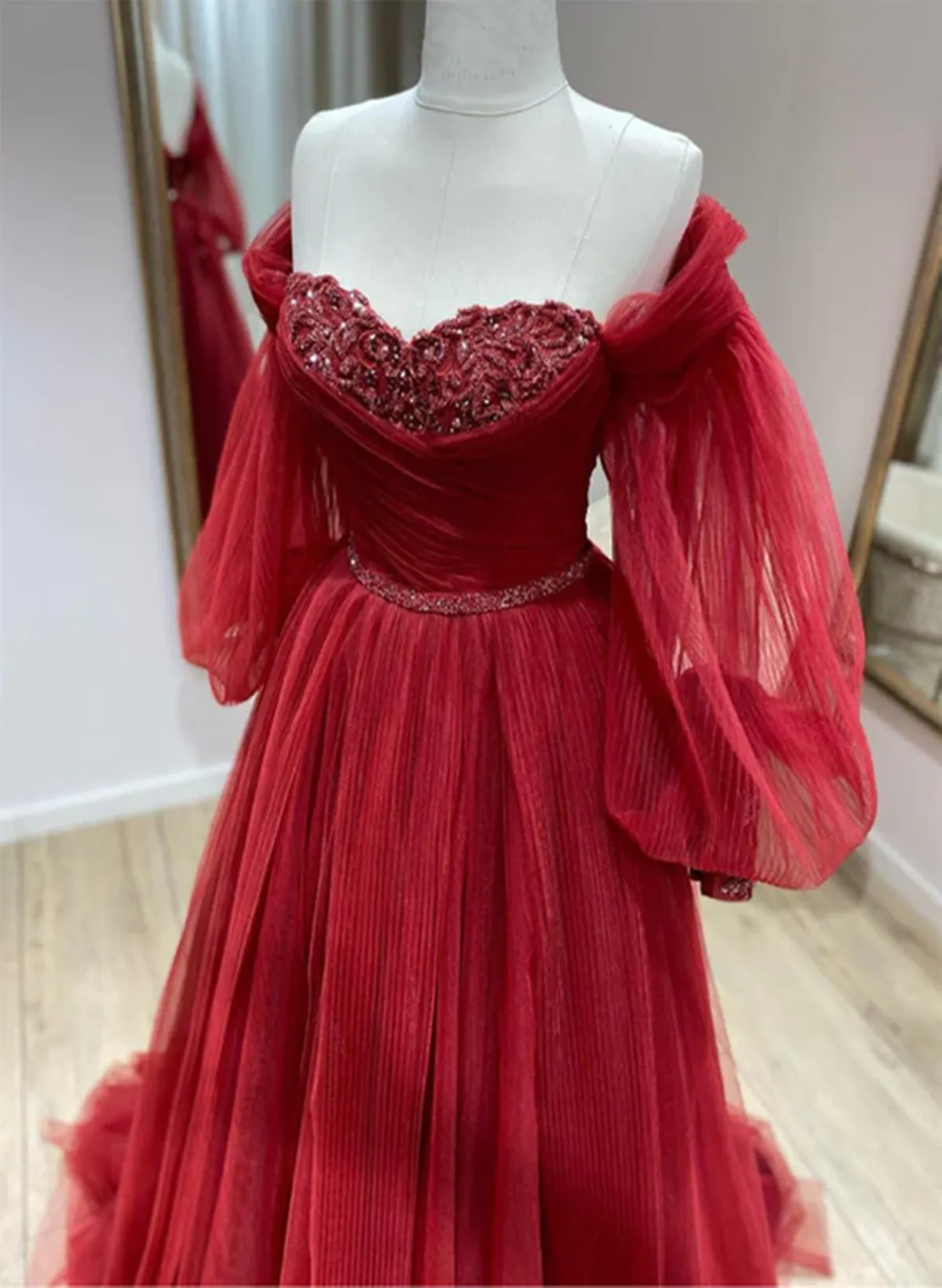 Wine Red Tulle Beaded Puffy Sleeves Long Prom Dress, Wine Red Tulle Evening Dress