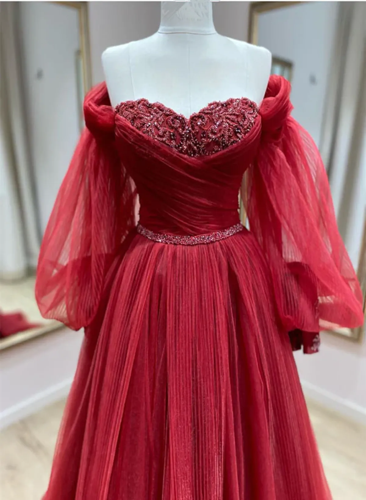 Wine Red Tulle Beaded Puffy Sleeves Long Prom Dress, Wine Red Tulle Evening Dress