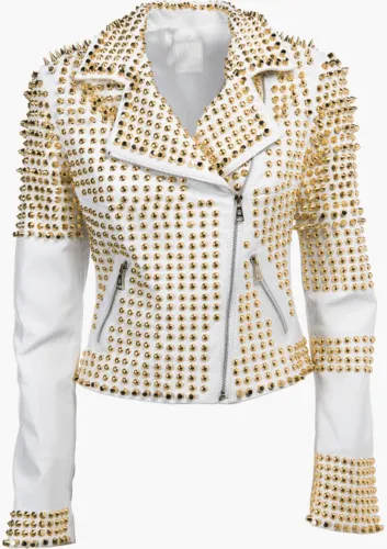 Woman White Punk Golden Studded Biker Cowhide Leather