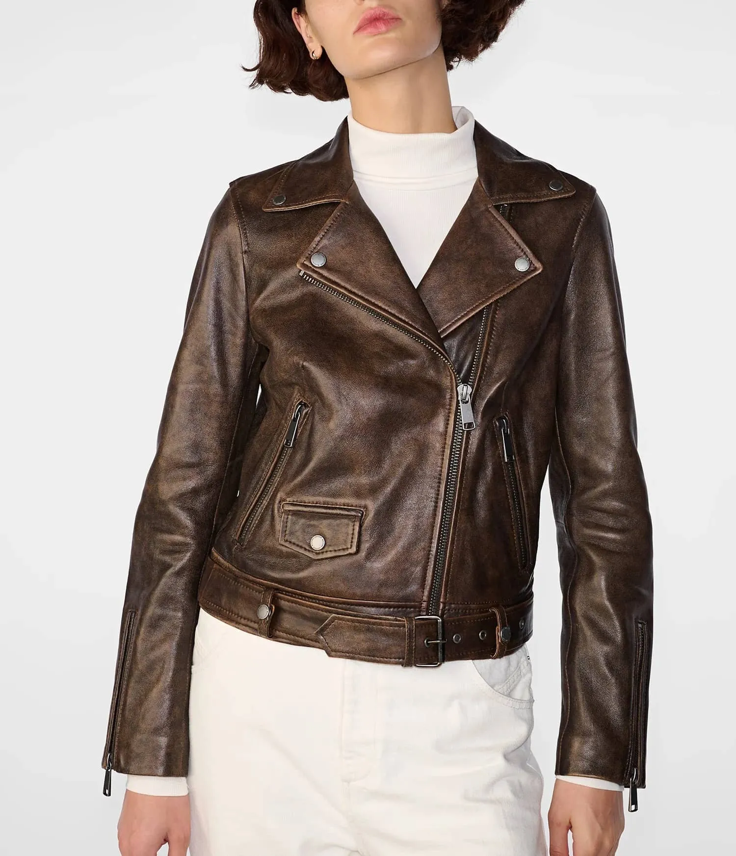 Women's Distressed Brown Leather Moto Jacket