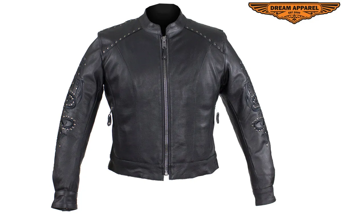 Women's Leather Jacket With Tribal Embroidery & Studs