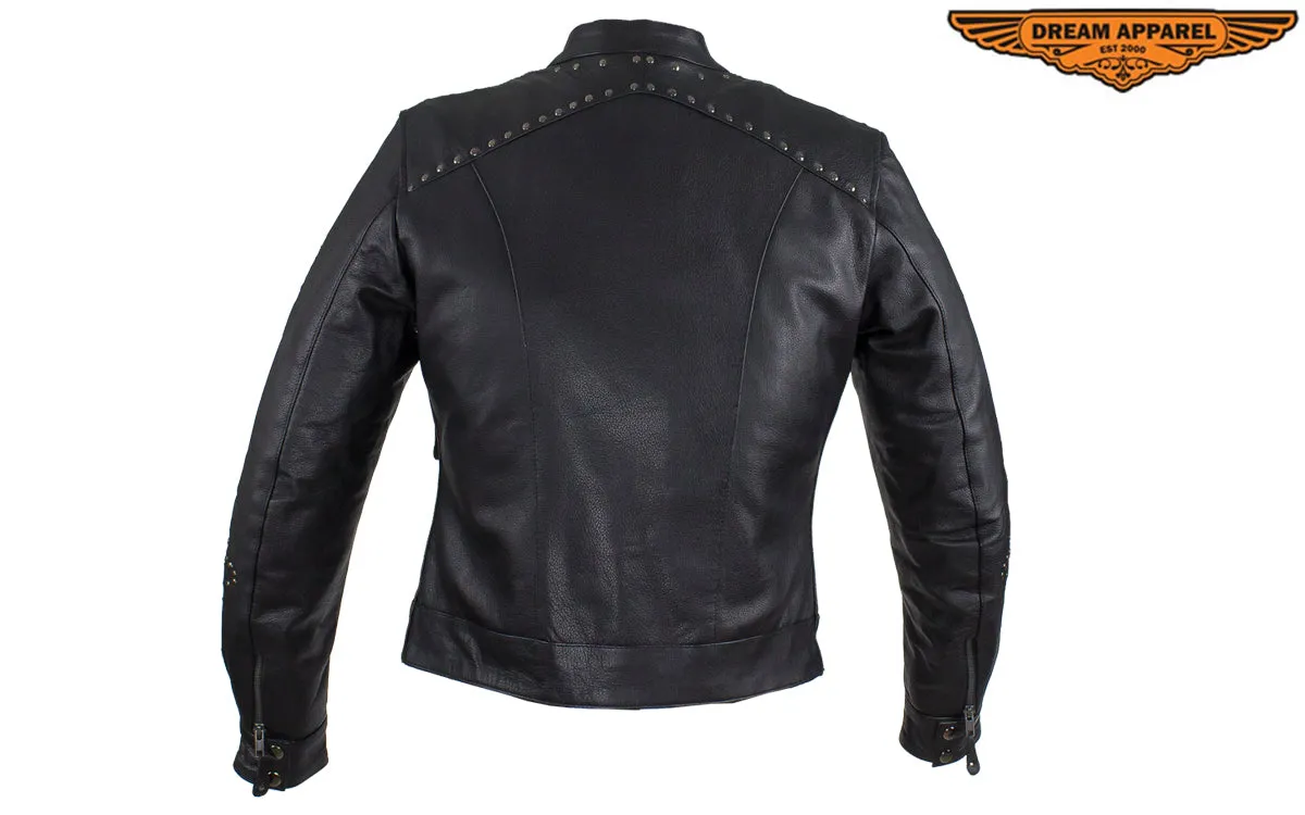 Women's Leather Jacket With Tribal Embroidery & Studs