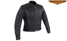 Women's Leather Jacket With Tribal Embroidery & Studs