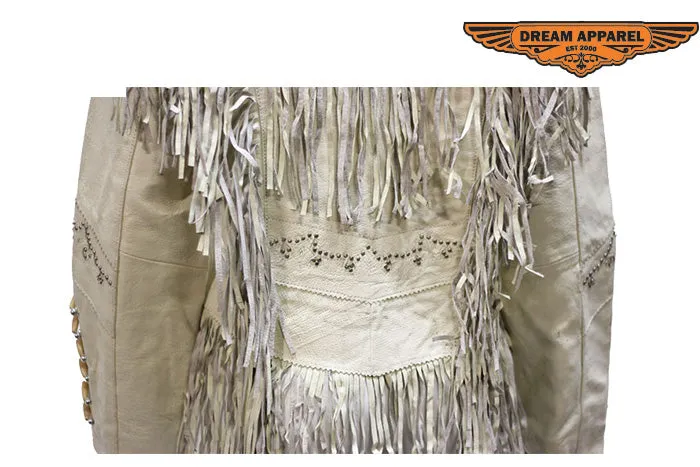 Womens Off White Leather Jacket With Beads, Studs, Bone & Fringe With Snaps